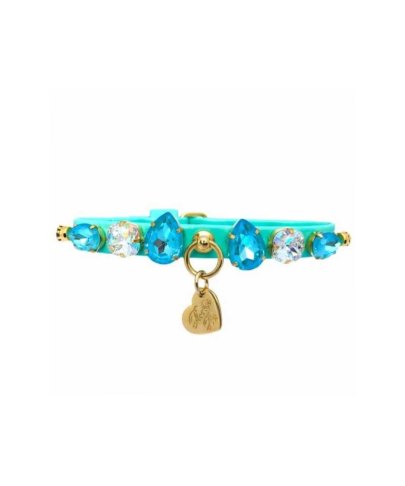 DIAMOND DROPS COLLAR ACQUA ECOLEATHER/GOLD Piccoli Pets