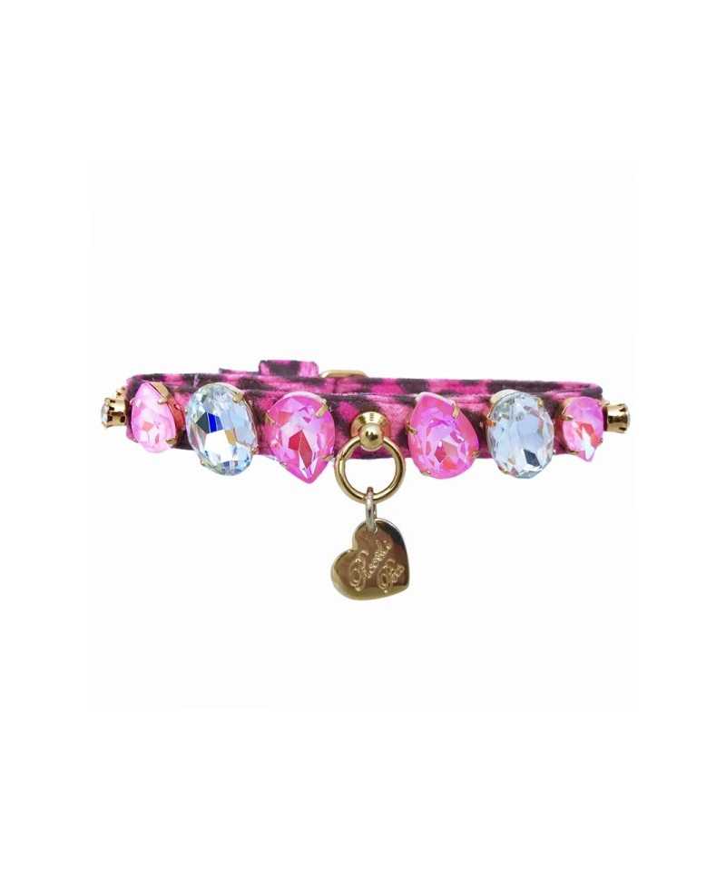 DIAMOND DROPS COLLAR LEOPARD BUBBLEGUM ALCANTARA/GOLD Piccoli Pets
