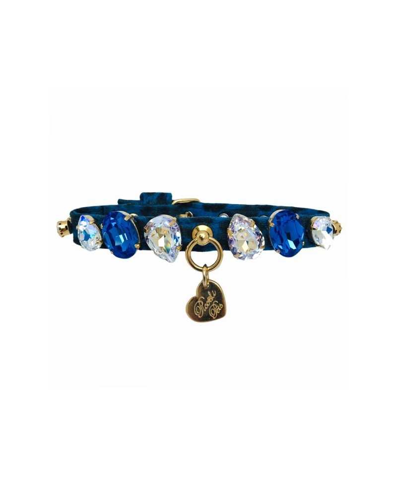 DIAMOND DROPS COLLAR LEOPARD BLUE ALCANTARA/GOLD Piccoli Pets