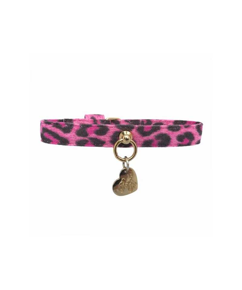 PLAIN COLLAR LEOPARD BUBBLEGUM ALCANTARA/GOLD Piccoli Pets