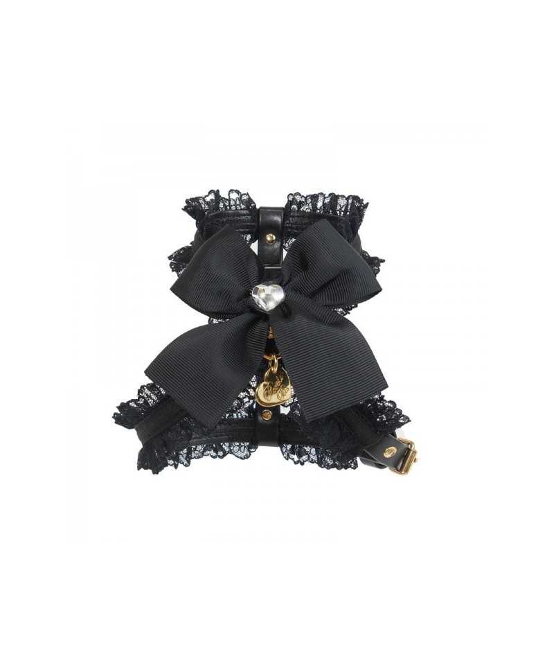 Piccoli Pets DENTELLE BOW HARNESS BLACK ECOLEATHER/GOLD