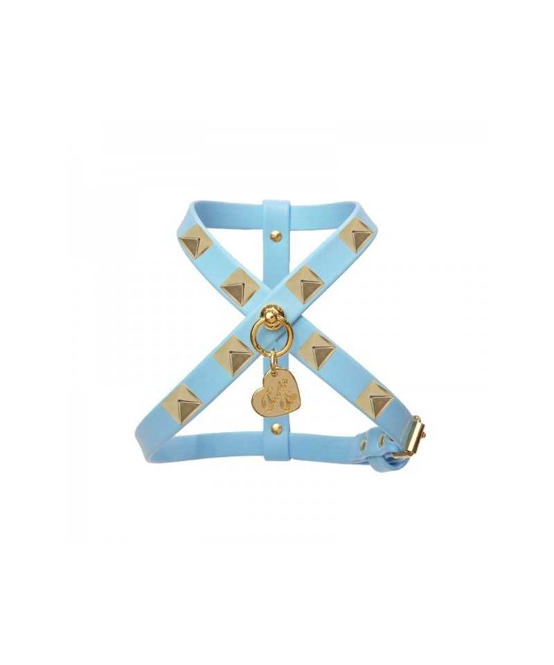 Piccoli Pets PYRAMID STUD HARNESS SKY ECOLEATHER/GOLD