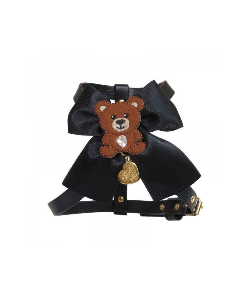 Piccoli Pets TEDDY ON BOW HARNESS BLACK ECOLEATHER/GOLD