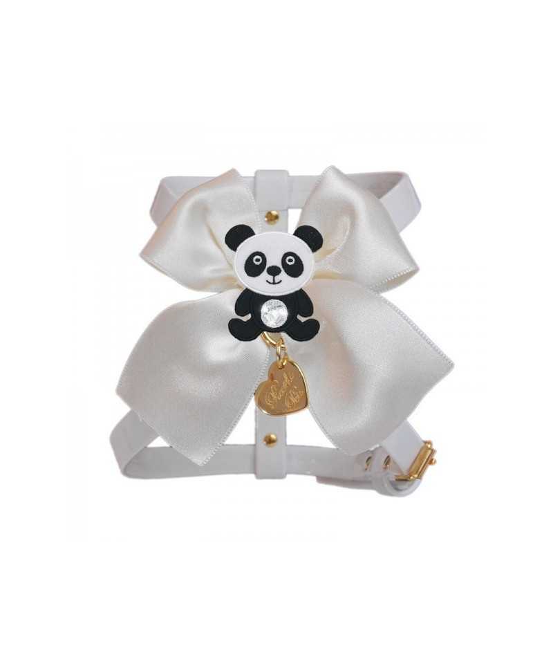Piccoli Pets PANDA ON BOW HARNESS WHITE ECOPATENT/GOLD