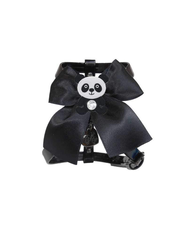 Piccoli Pets PANDA ON BOW HARNESS BLACK ECOPATENT/GUNMETAL
