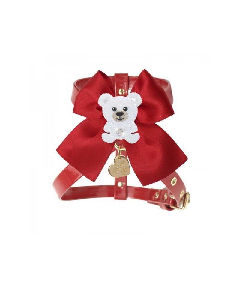 Piccoli Pets POLAR TEDDY ON BOW HARNESS RED ECOPATENT/GOLD